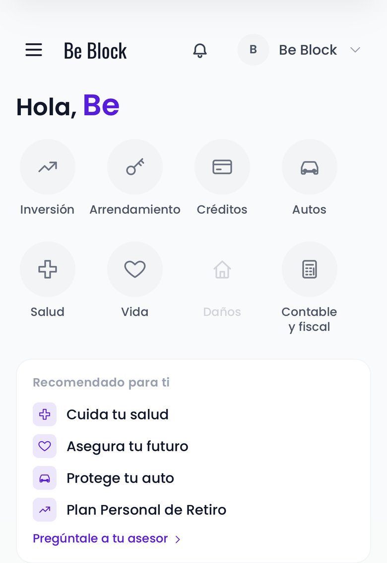 Portal de clientes de Be Block visto en el celular